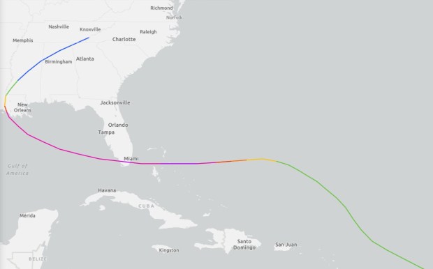 The track of Hurricane Andrew, which made landfall south of Miami on August 24, 1992, shows that the storm changed direction and did not become a hurricane until it was north of Puerto Rico. (Courtesy NOAA)