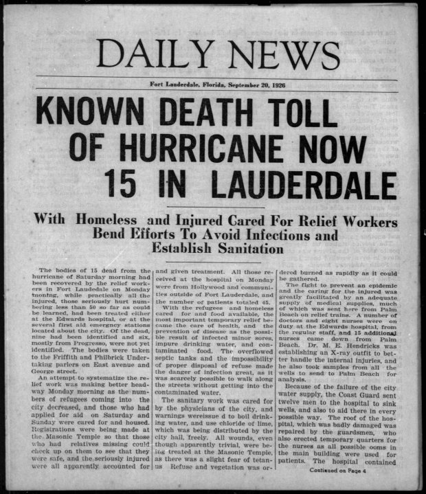 The Fort Lauderdale Daily News on Monday, September 20, 1926, two days after the 1926 Hurricane slammed South Florida. (Courtesy Florida Memory)