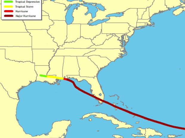 The approximate track of the Great Miami Hurricane of 1926. (Courtesy NOAA)