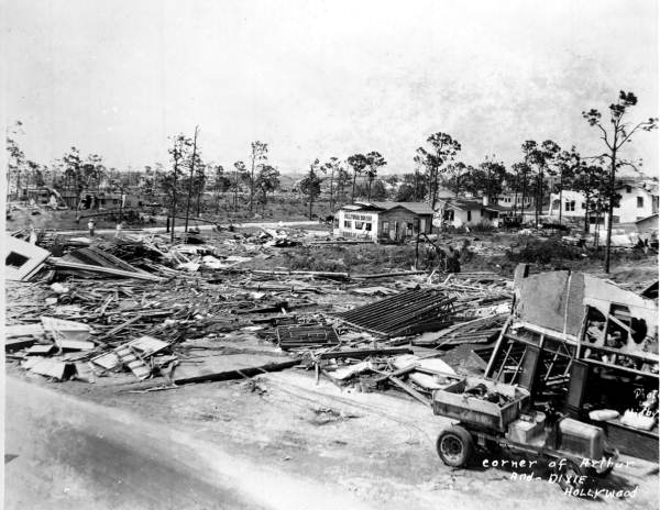 An intersection along Dixie Highway in Hollywood was in shambles after the Great Miami Hurricane of 1926 inundated the area. (Courtesy Memory Florida)