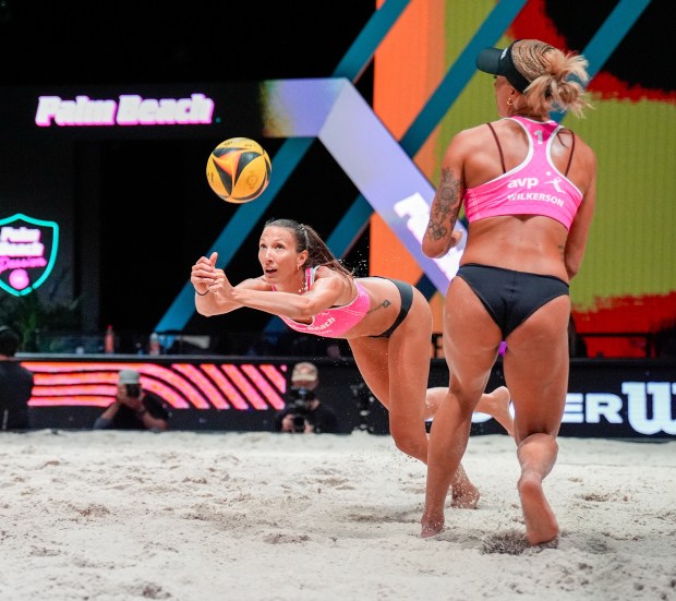 Devanne Sours of the Palm Beach Passion passes the ball to Brandie Wilkerson in a match against the Miami Mayhem during the week 3 AVP match at Sephora Arena in Medley, Fla., on Saturday, June 13, 2026. (Jeff Romance/Contributor)