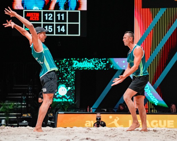 Miles Partain and Paul Lotman of the Dallas Dream celebrate match point against the Austin Aces during the week 3 AVP match at Sephora Arena in Medley, Fla., on Saturday, June 13, 2026. (Jeff Romance/Contributor)