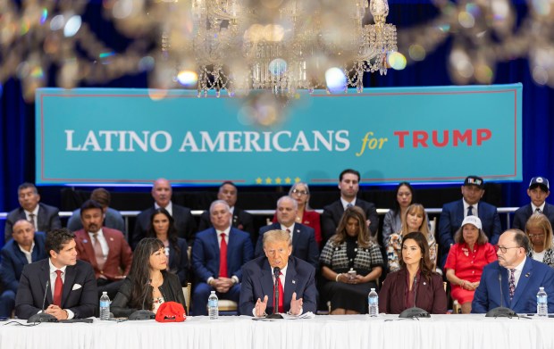 Donald Trump speaks during to Hispanic leaders at Trump National Doral Miami on Oct. 22, 2024, shortly before the presidential election in which he won a second term. (Matias J. Ocner/Miami Herald/TNS)