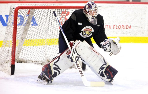 Goaltender Louis-Antoine Denault blocks a shot during Panthers Development Camp at Baptist Health IcePlex in Fort Lauderdale on Monday, June 29, 2026. (Carline Jean/South Florida Sun Sentinel)