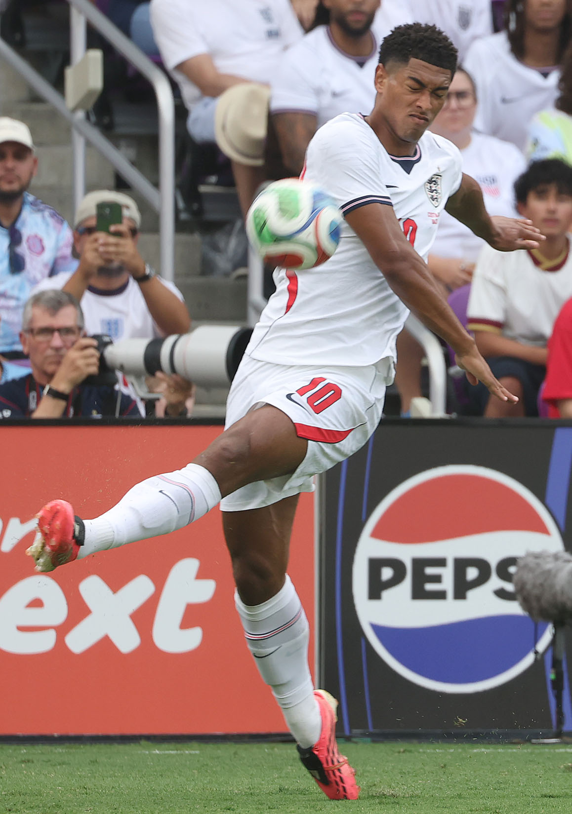 England player Jude Bellingham kicks during the England versus Costa...