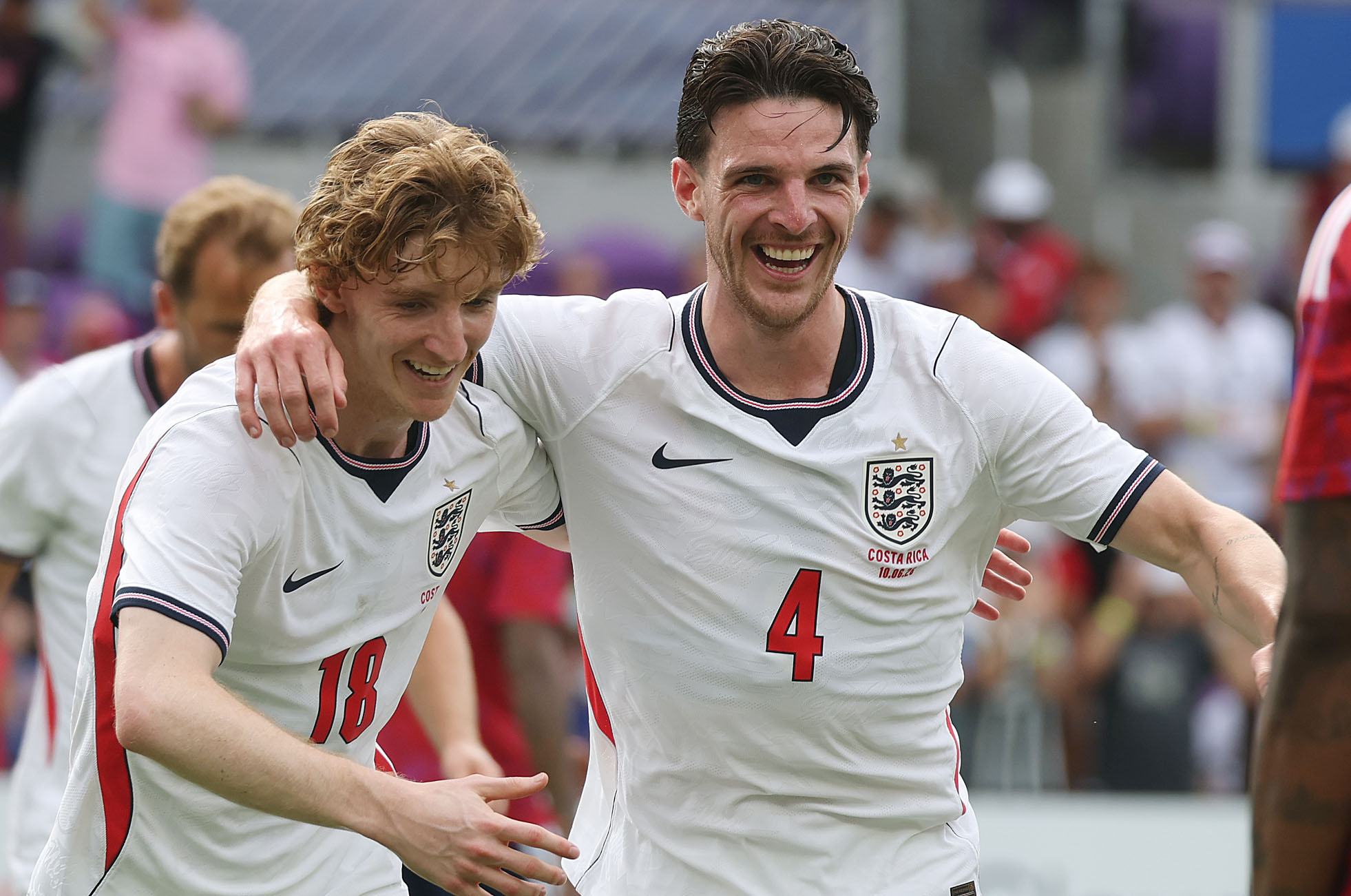 England players Anthony Gordon (18) and Declan Rice (4) celebrate...