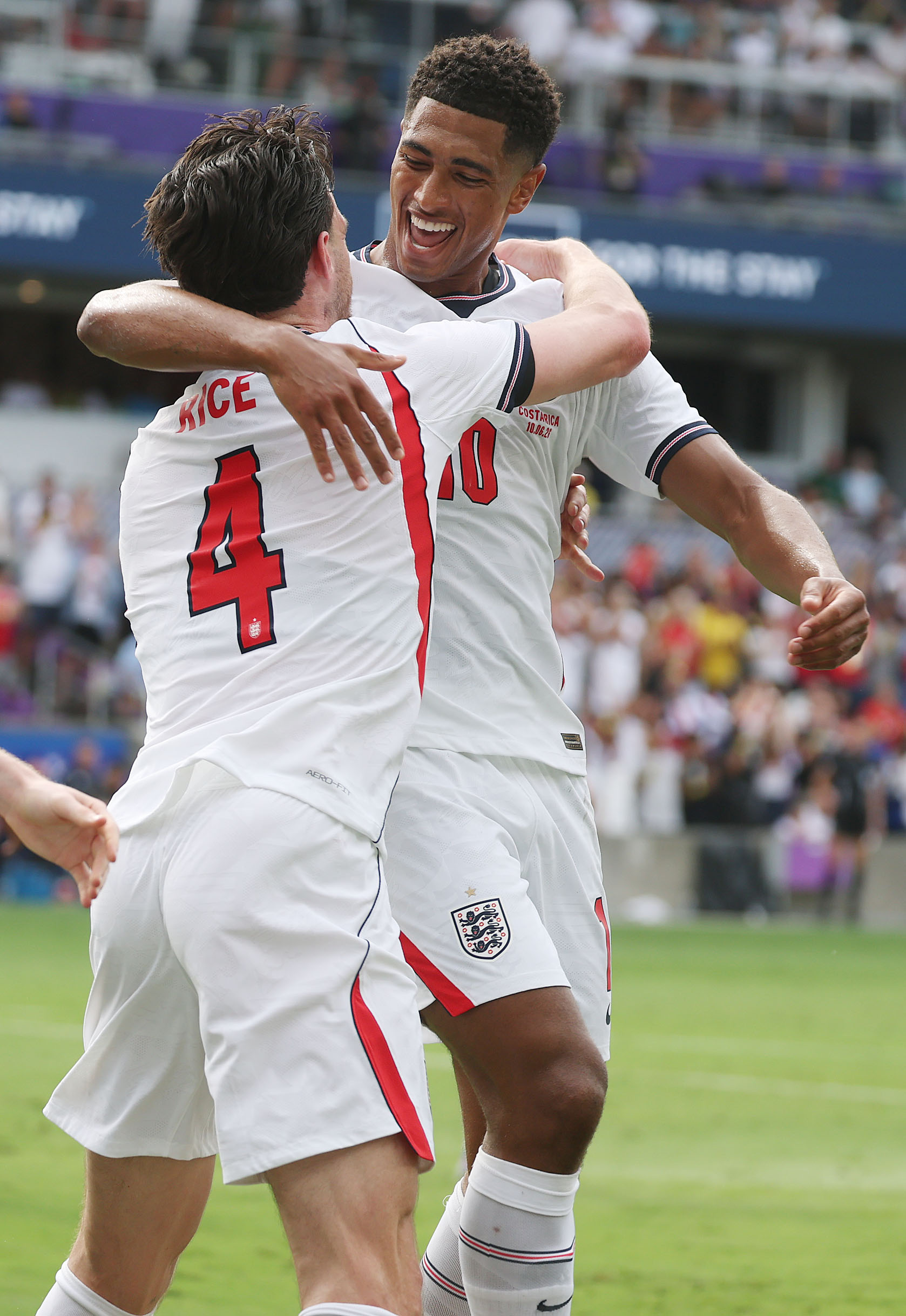 England players Declan Rice (4) and Jude Bellingham (10) celebrate...