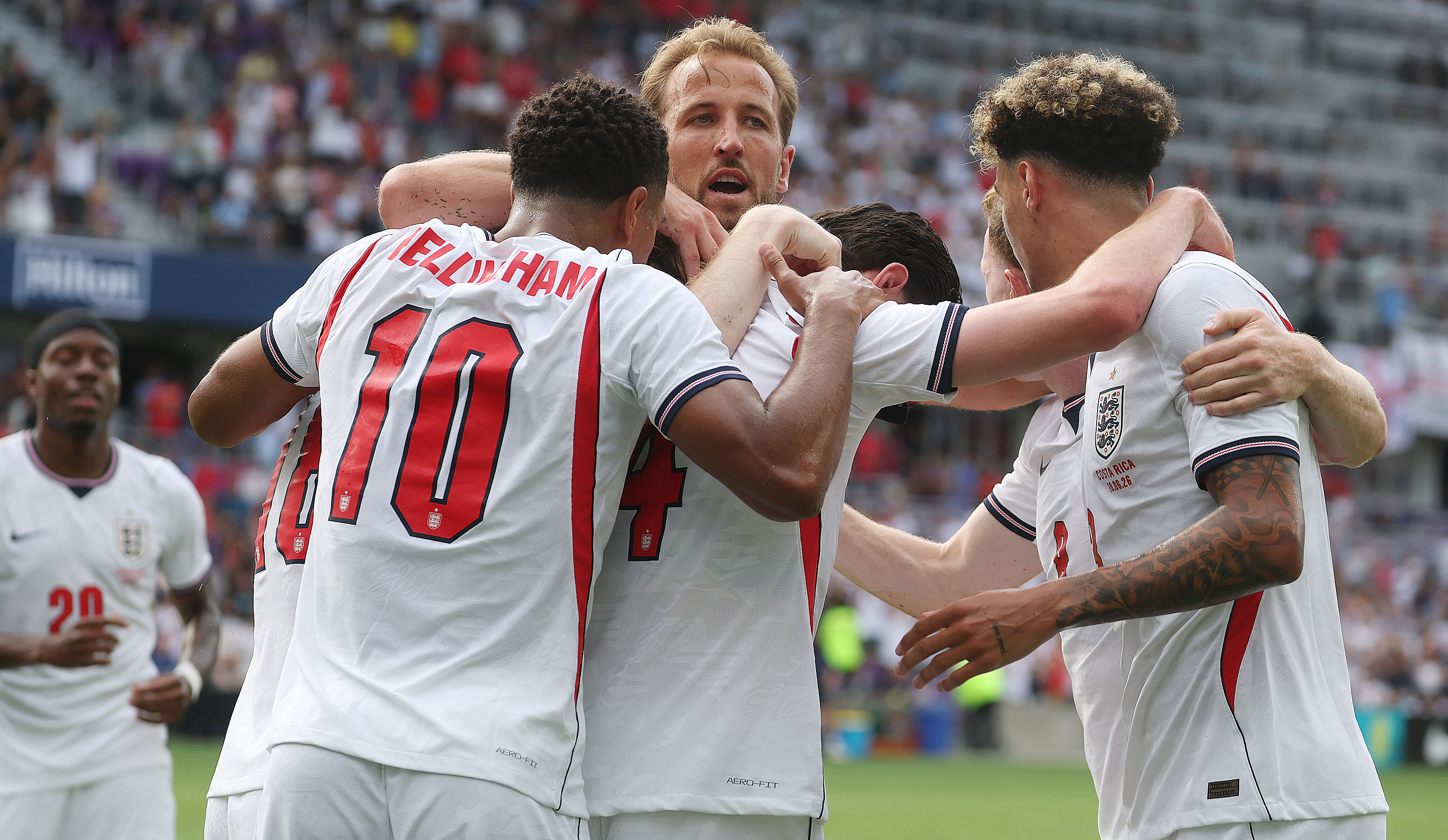 England player Harry Kane (middle facing camera), Jude Bellingham (10)...