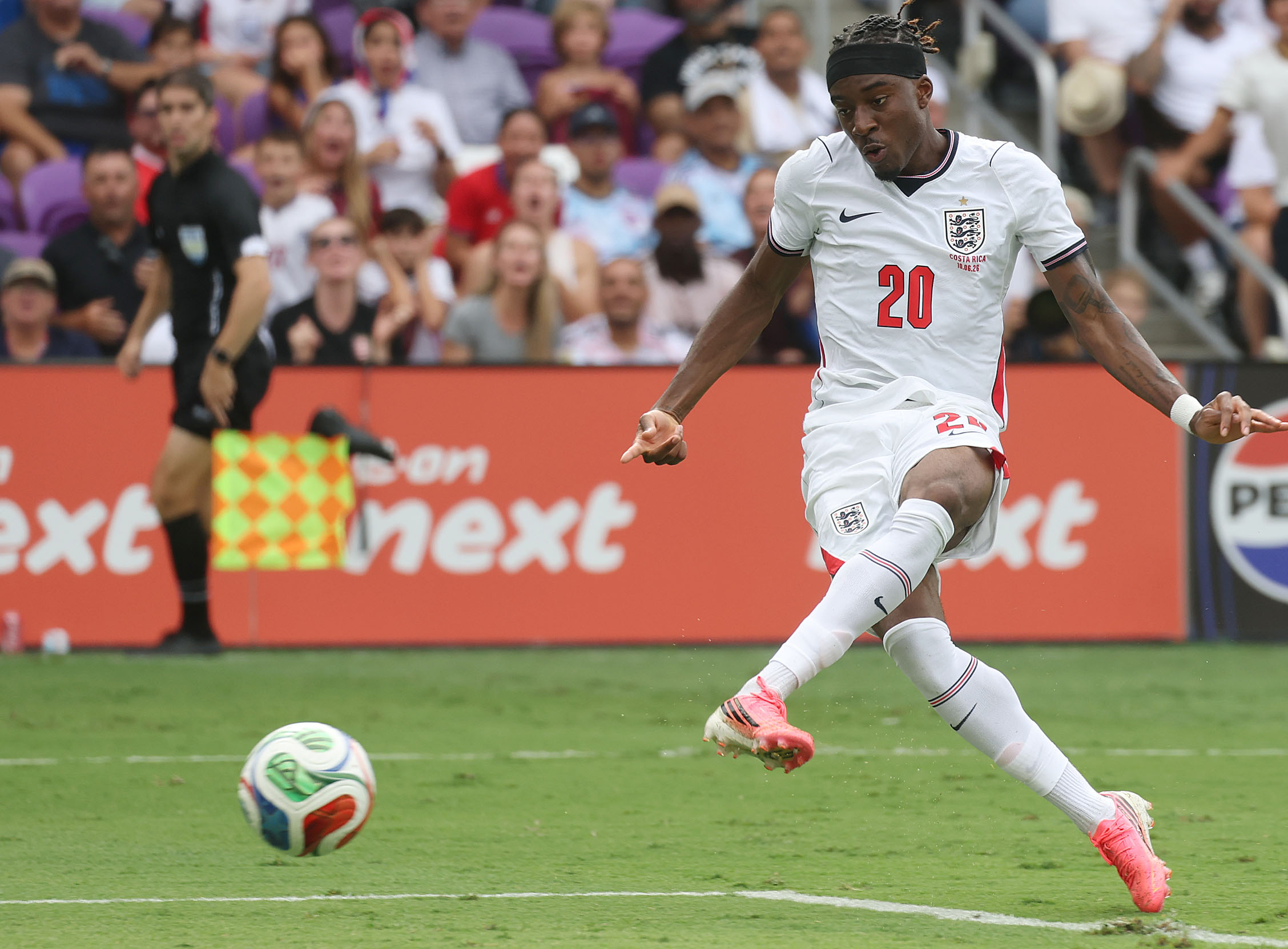 England player Chukwunonso Madueke kicks during the England versus Costa...
