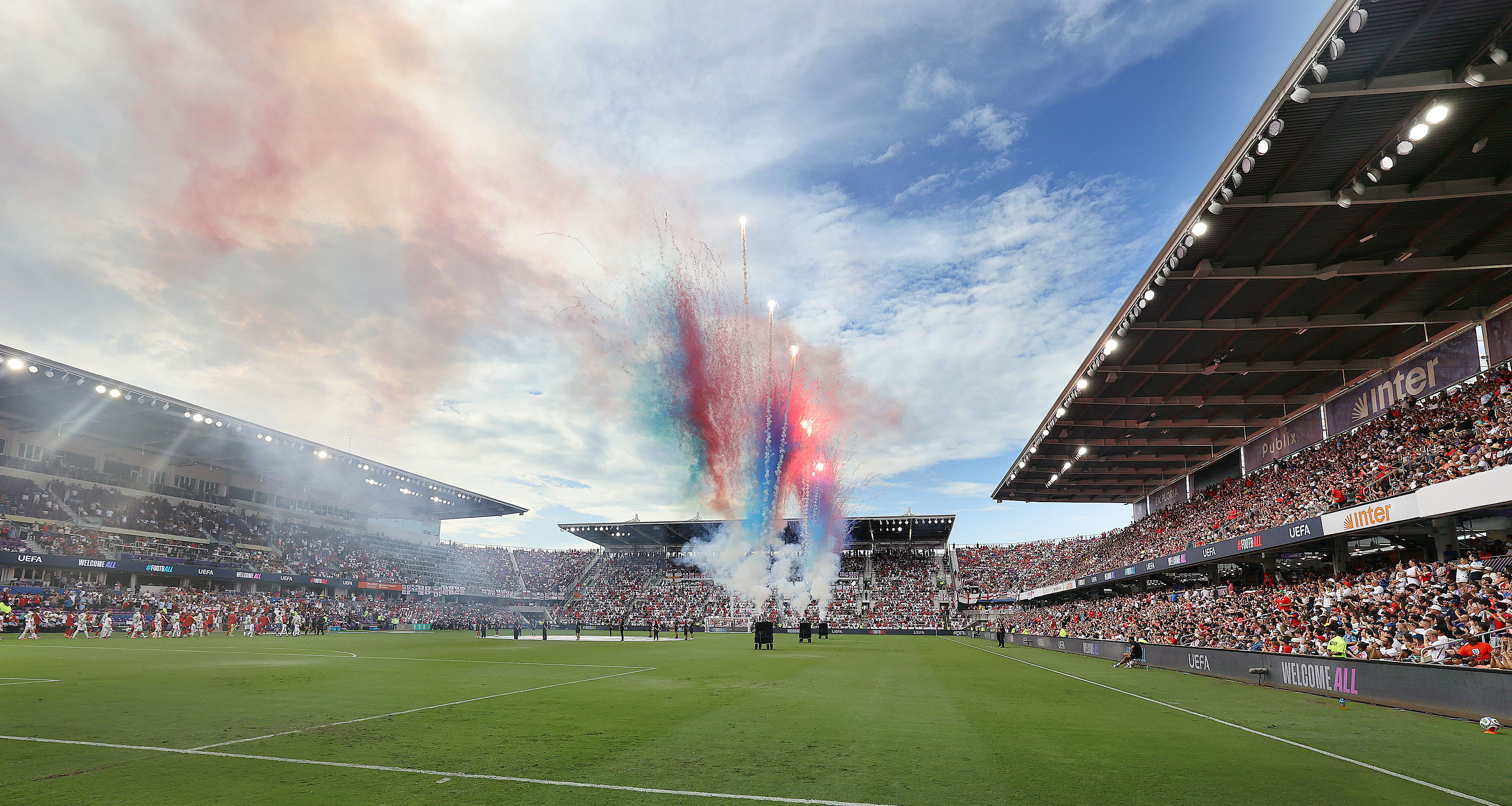 Fireworks explode in pre-match ceremonies before the England versus Costa...