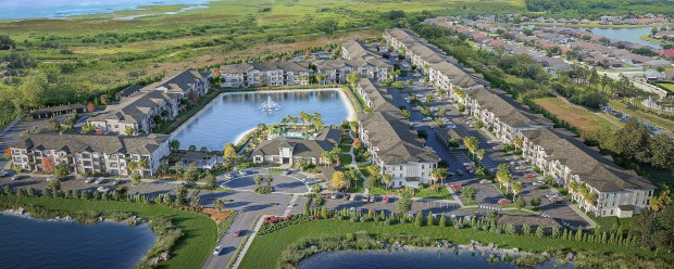 The 21.7-acre Hedrick at Lake Toho will feature 366 apartments along with amenities including a resort-style pool, coworking spaces, pickleball courts, a yoga lawn, dog park, EV charging, private garages and access to Lake Tohopekaliga and surrounding trail systems. (Rendering by Cormia Design Group)