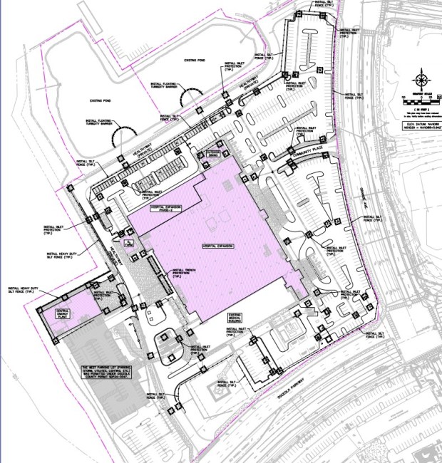 The planned expansion (pink) would be constructed in two phases on the emergency room's current parking lot. (Site plan by Harris Civil Engineering)