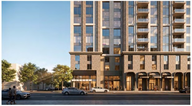 The southeast corner, at the intersection of Magnolia Avenue and Pasadena Place, is reserved for a retail user. (Rendering by Baker Barrios)