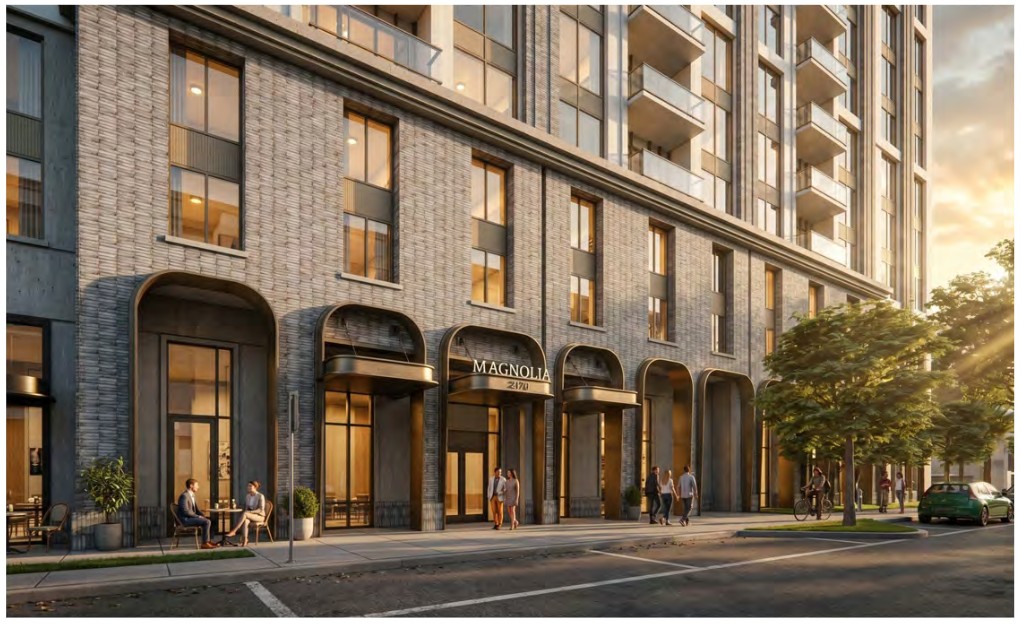 The east elevation, fronting Magnolia Avenue, features antique brass arches...