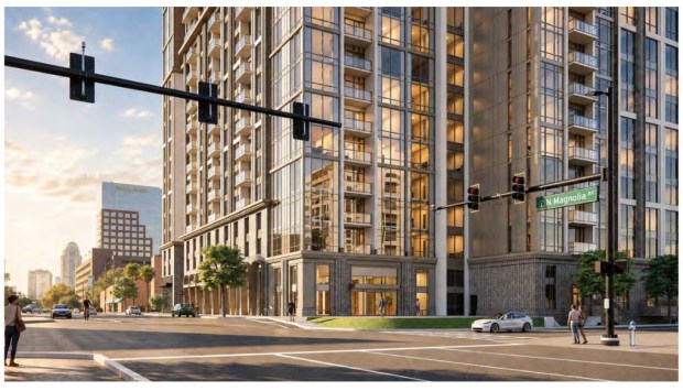 The corner of Magnolia and Weber is recessed to create a public courtyard, which hasn't been designed yet. (Rendering by Baker Barrios)