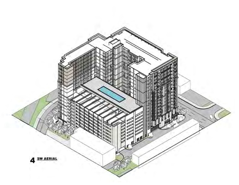 The redesigned project consists of a single L-shaped building that...