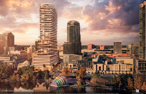 The Miami hotel company that once proposed a Cambria Suites across from Lake Eola's amphitheater is now planning a 37-story tower with a 5-star hotel and branded residences. (Rendering by Kobe Karp Architecture)