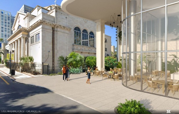 The proposed plan shows a restaurant on the ground level, facing the park. The hotel site plan does not contain meeting or event space, according to the submitted plan. (Rendering by Kobe Karp Architecture)
