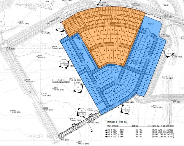Dream Finders Homes will develop 113 lots shown in orange. Trinity Family Builders will 90 lots shown in blue in phase 1A. (Site plan by GAI Consultants)