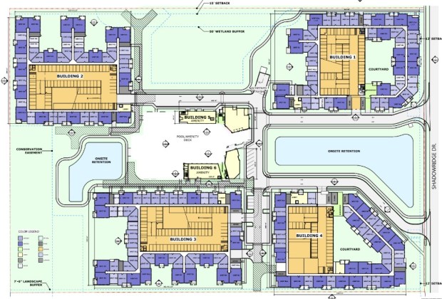 The multi-phased Gateway community will have four 5-story apartment buildings with structured parking, a central resort-style pool and two clubhouse buildings. (Site plan by Baker Barrios)