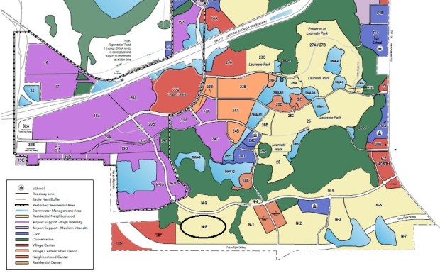 Neighborhood 8 of Laureate Park is south of Luminary Boulevard and west of the new city park and middle school. A new roundabout will be constructed at the center of the community with a northern connection to Medical City Drive. (Master Plan by Tavistock Development Co.)