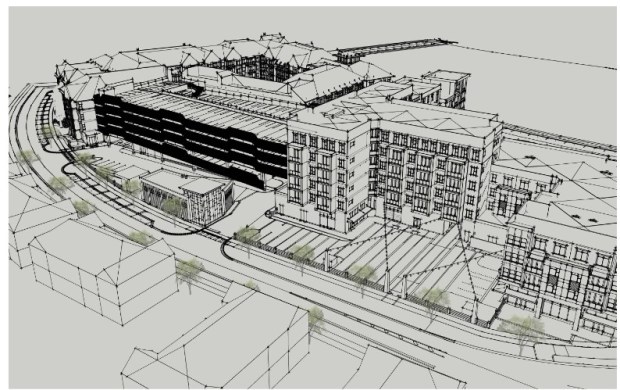 A 5-story parking garage will serve the apartments and commercial uses. (Conceptual design by LRK)