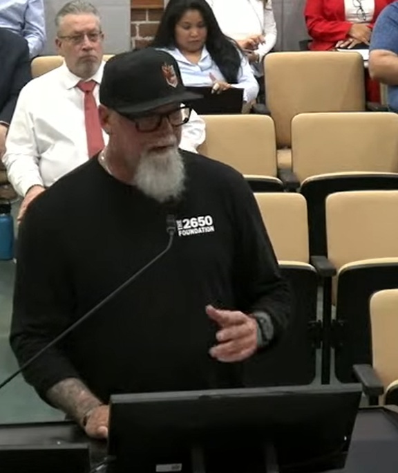 Michael Duran speaks Wednesday, June 3, 2026, to the Apopka City Commission about the sand trailer involved in the fatal injuries sustained on the job by his son, 25-year-old firefighter Austin Duran. Afterward commissioners voted unanimously to have it destroyed on site by a city employee to ensure it never ends up in service again. (Image from Apopka YouTube channel)