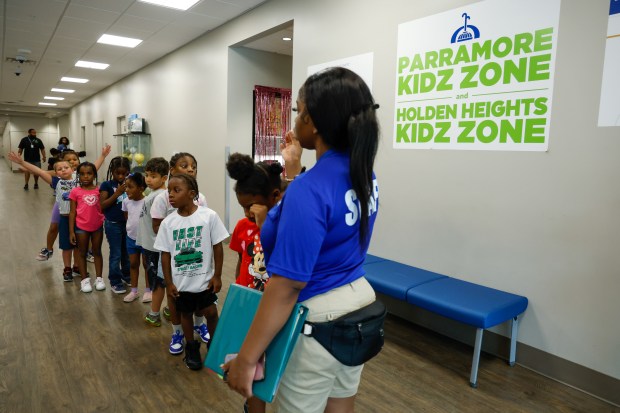 Children line up between activities on the first day of summer camp at Parramore Kidz Zone in Orlando on Monday, June 1, 2026. (Rich Pope/Orlando Sentinel)