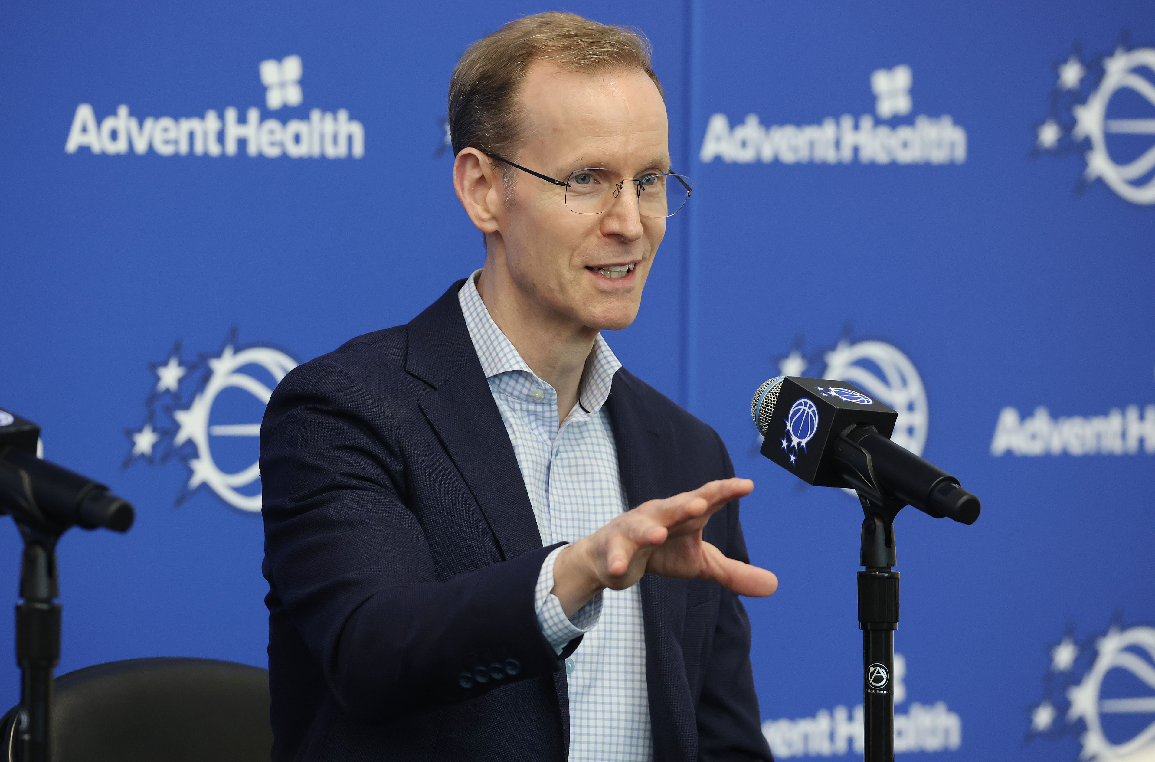Orlando Magic president Jeff Weltman speaks during a press conference...