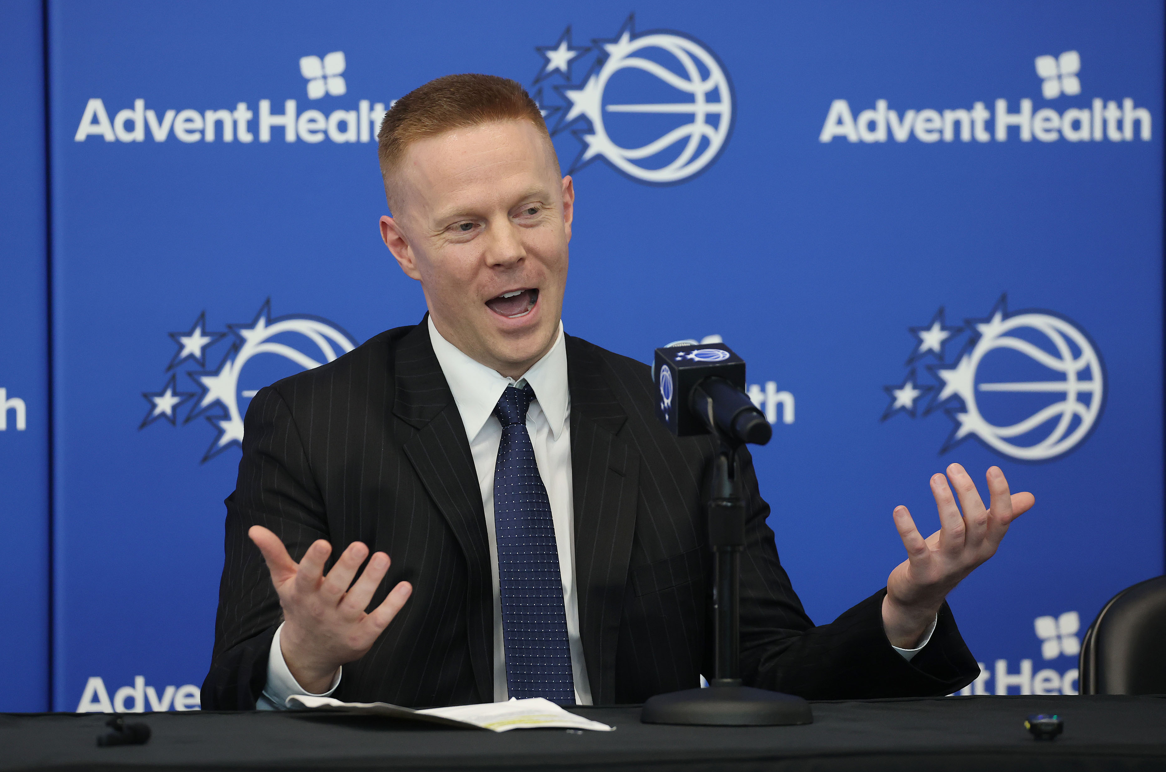 New Orlando Magic head coach Sean Sweeney speaks during a...