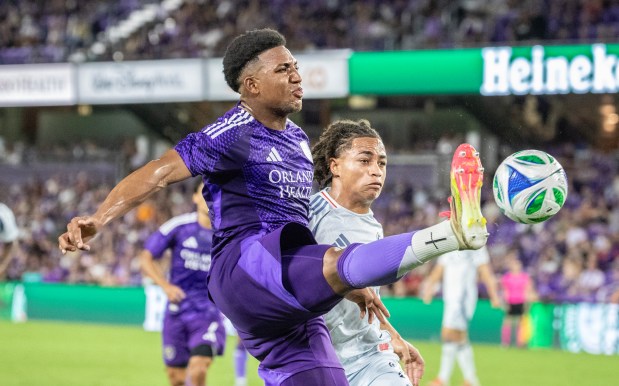 Orlando City defender Alex Freeman (30) kicks the ball during the match against Chicago Fire at the Inter &Co Stadium in Orlando on Saturday, May 31, 2025. (Willie J. Allen Jr./Orlando Sentinel)