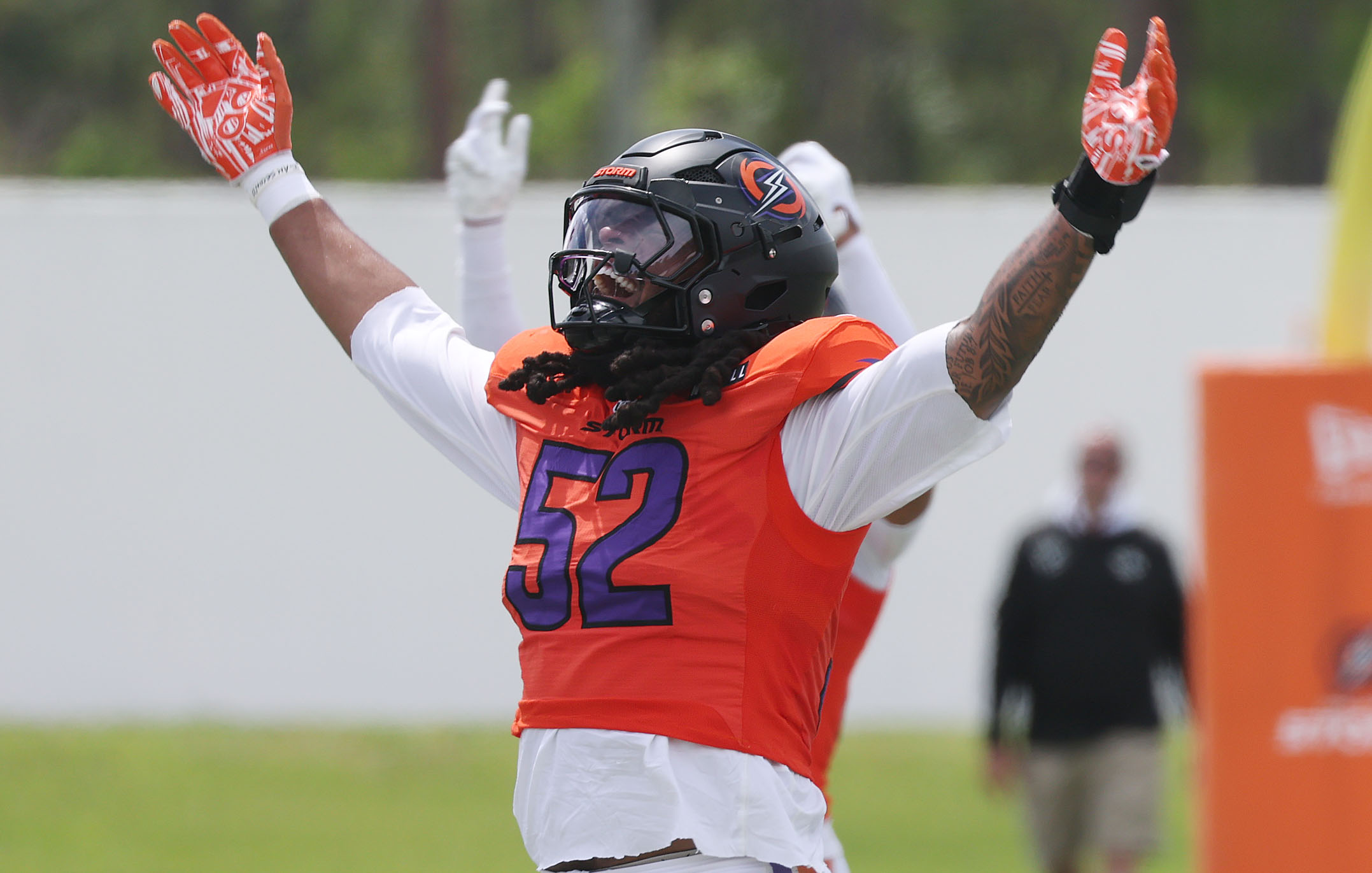 Storm defensive lineman Keshawn Banks celebrates during the Orlando Storm...