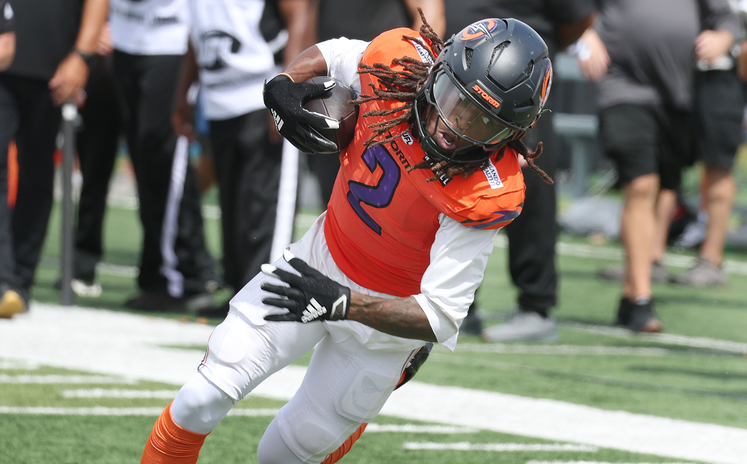 Storm receiver Elijhah Badger runs after a catch during the...
