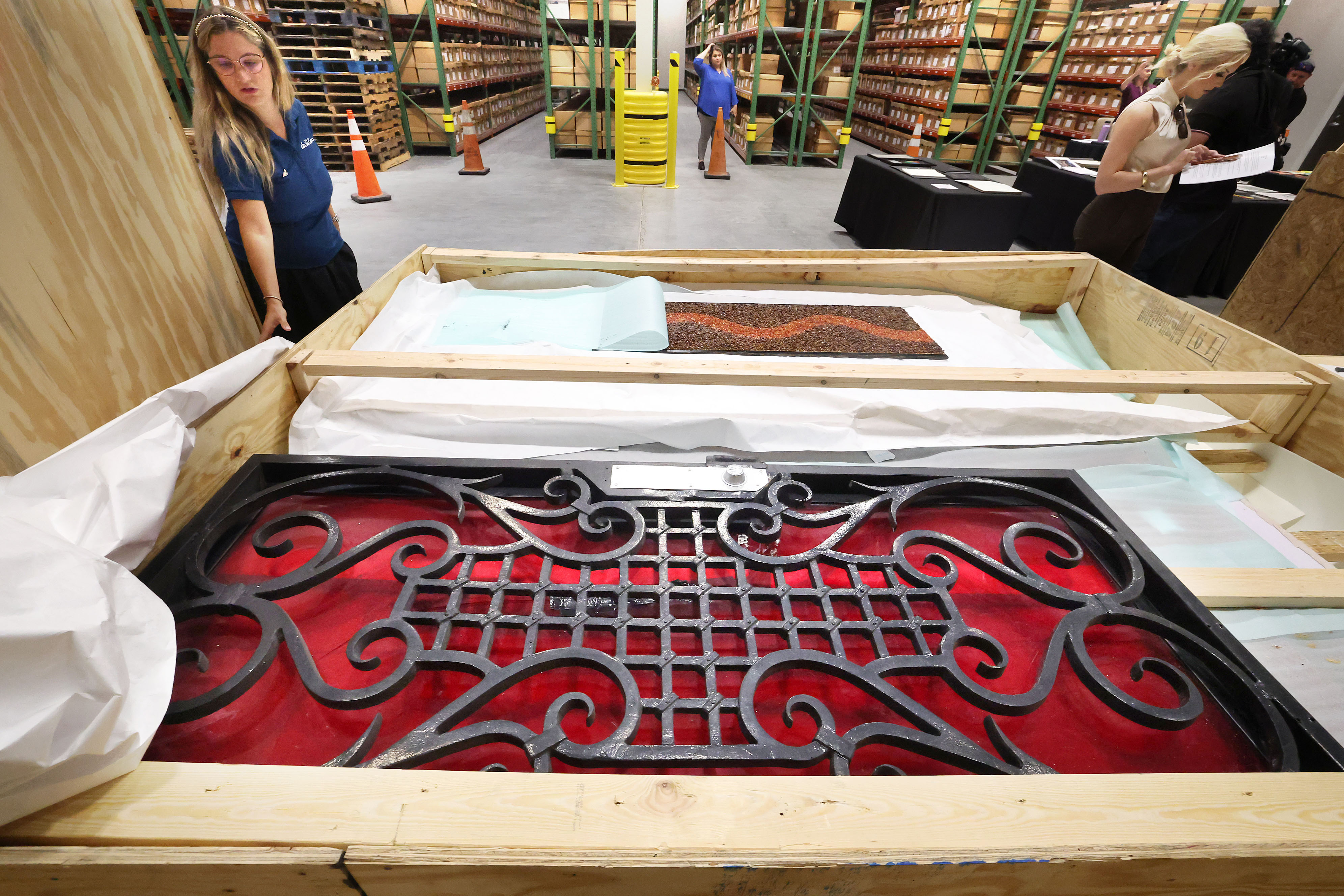 The iron-clad red front door (bottom) and the bar top...