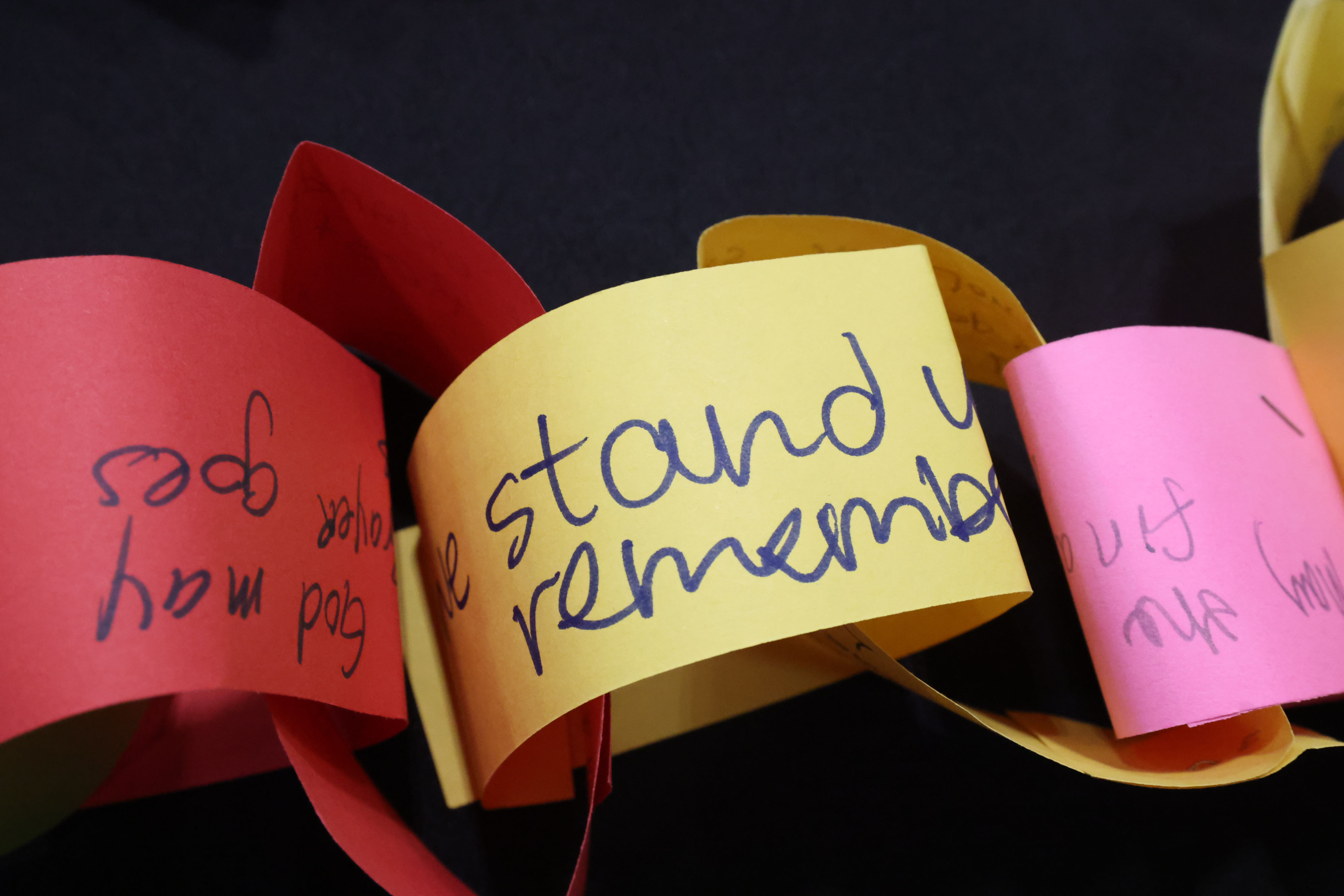 A paper chain with messages is among artifacts and items...