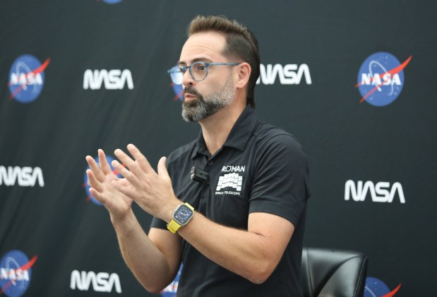 Lucas Paganini, a scientist and program executive in NASA's Astrophysics Division, discusses the Nancy Grace Roman Space Telescope, which arrived to Kennedy Space Center on Sunday, June 21, 2026. (Richard Tribou/Orlando Sentinel)