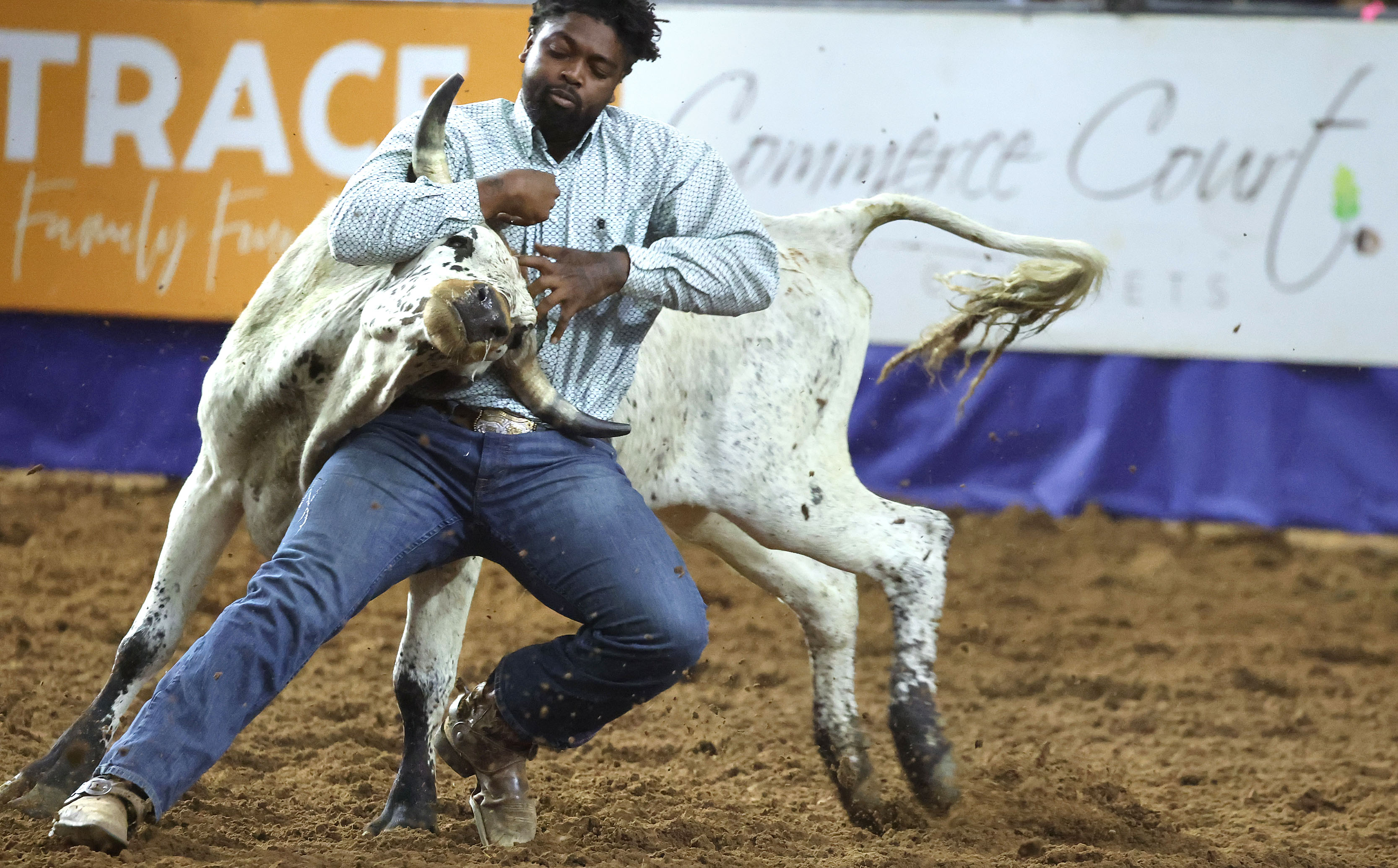 Tayelen Seabrook wrestles a steer during the Silver Spurs Rodeo...