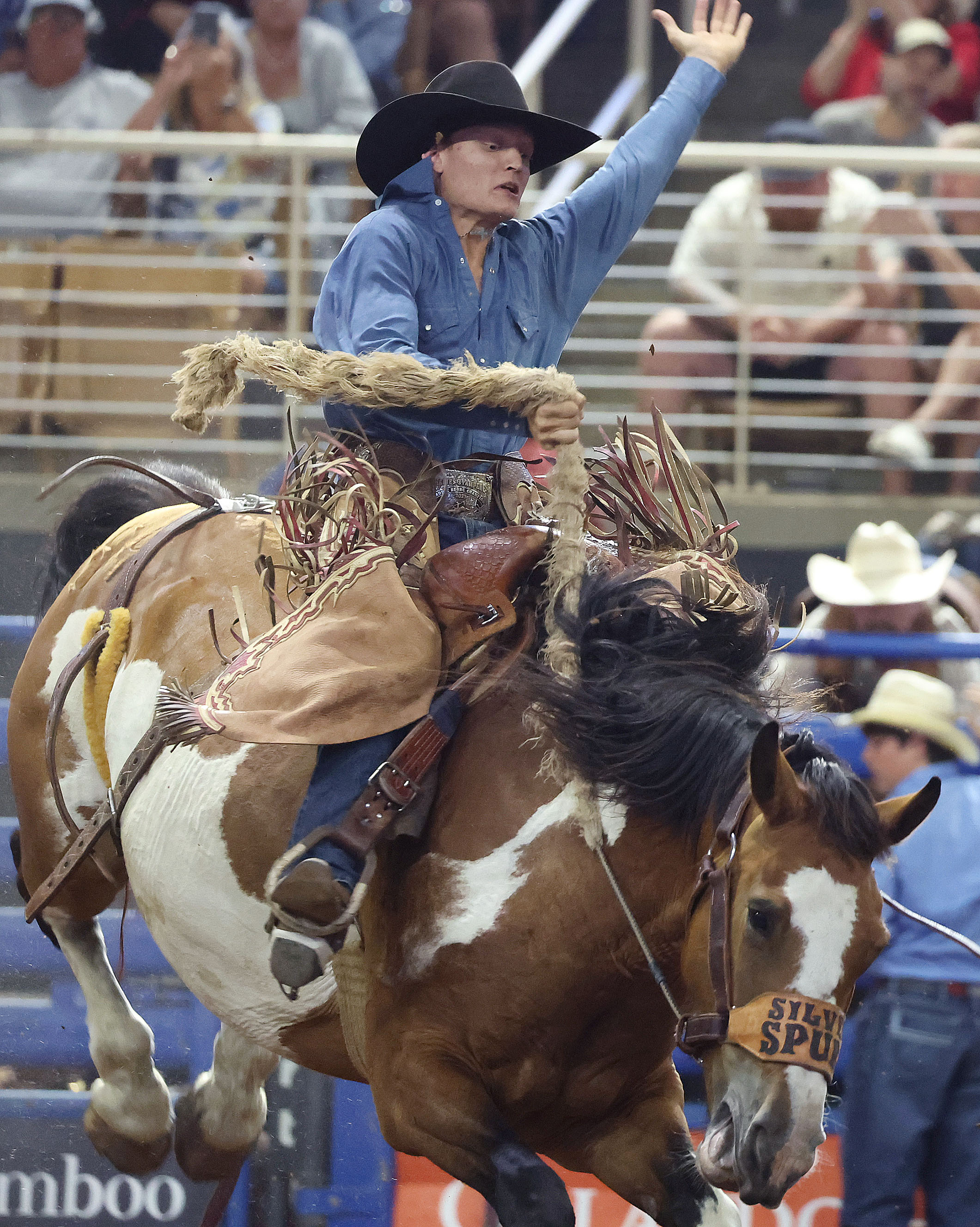 Tyler Wall, St. Cloud, hangs onto a bucking bronc during...