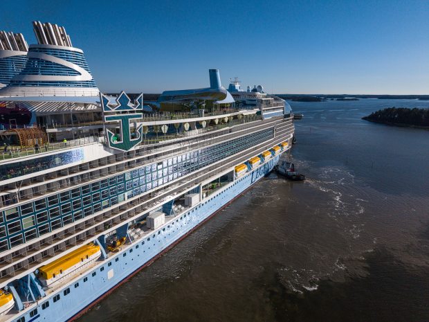 Legend of the Seas set sail for the first time from the Meyer Turku shipyard in Finland in April for sea trials. Royal Caribbean has now taken delivery of the ship. (Courtesy of Royal Caribbean)