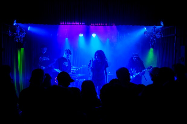 Loverly, an Orlando band, performs at My Sister's House, a nonprofit DIY venue within Boardwalk Bowl in Orlando, on May 20, 2026. (Patrick Connolly/Orlando Sentinel)