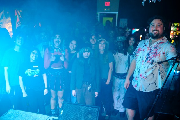 Jimmy Mura recognizes volunteers at My Sister's House, a nonprofit DIY venue within Boardwalk Bowl in Orlando, on May 20, 2026. (Patrick Connolly/Orlando Sentinel)