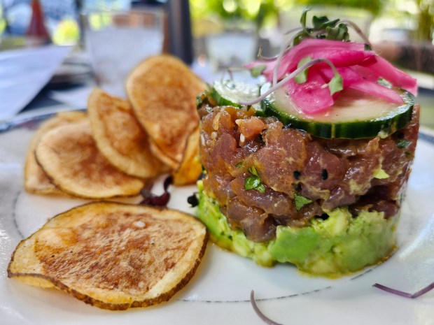 Spicy sesame tuna tartare at The Tides in Safety Harbor, served with avocado, cucumber, pickled red onion and house kettle chips. (Amy Drew Thompson/Orlando Sentinel)