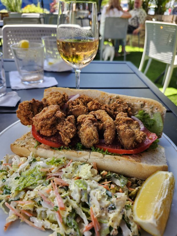 Oyster po'boy on Leidenheimer bread from New Orleans at The Tides Market & Provisions in Safety Harbor. (Amy Drew Thompson/Orlando Sentinel)