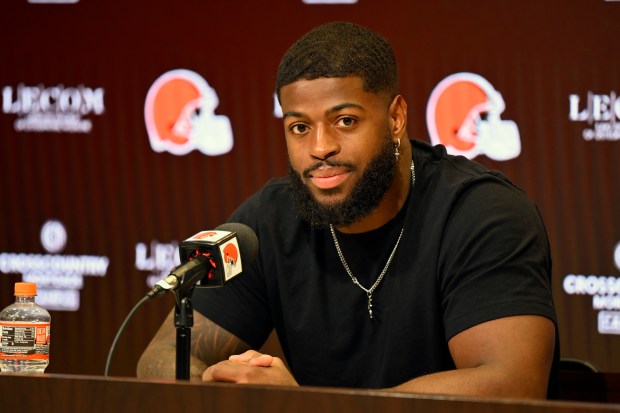 Cleveland Browns defensive end Jared Verse speaks to the media after the NFL football team's practice, Wednesday, June 3, 2026, in Berea, Ohio (AP Photo/David Richard)