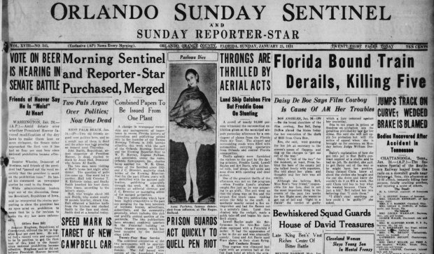 The first combined edition of the Orlando Sunday Sentinel and Sunday Reporter-Star on Jan. 25, 1913. Note the Sentinel's name is much larger than the Reporter-Star's, perhaps the first sign of a falling out that would come in the weeks ahead. (Orlando Sentinel file)