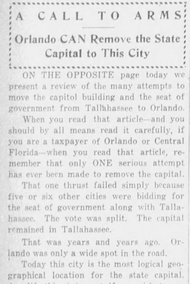 An Orlando Sentinel editorial from Sept. 3, 1933, on why Orlando should become Florida's capital city. (Orlando Sentinel File)