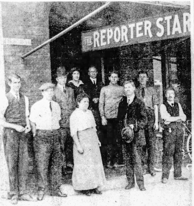 Members of the combined Reporter-Star newspaper staff stand outside their downtown Orlando building in this undated photo. The person on the far right is believed to be Josiah Ferris. (Orlando Sentinel File)