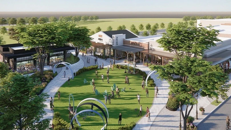 Aerial illustration showing shops and a large lawn at The Village at Seven Pines