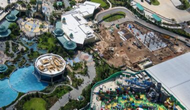 Construction is now going vertical on a future events center at Universal Epic Universe, with steel beams erected for the first major frame of the structure.