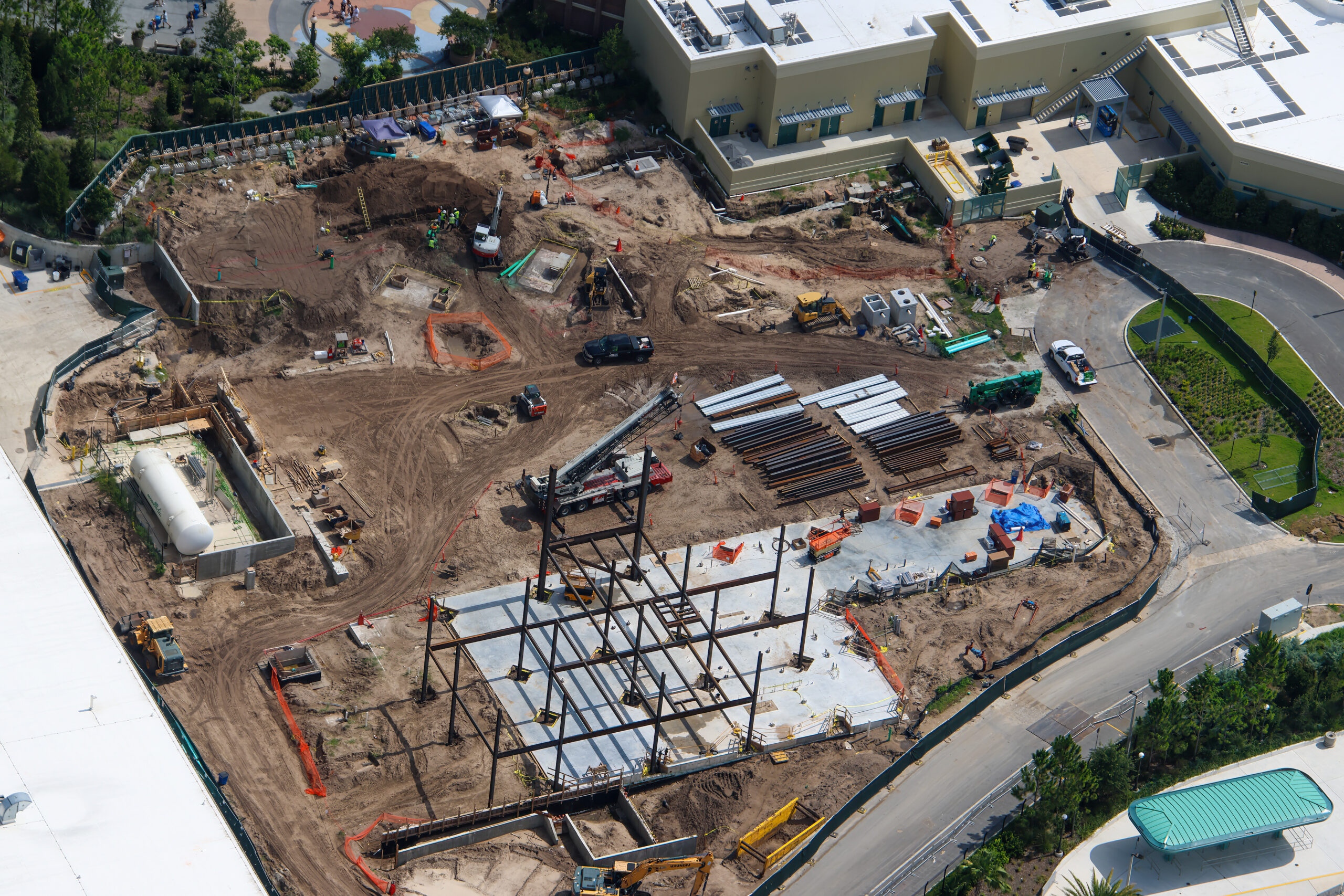 Construction is now going vertical on a future events center at Universal Epic Universe, with steel beams erected for the first major frame of the structure.